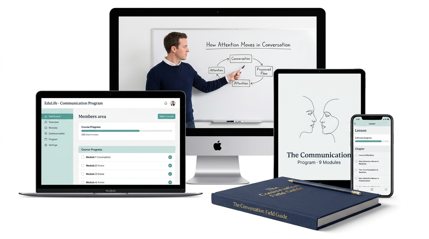 Elevate Programme Fusion Communication Program members area, video lessons, course cover, mobile lesson view, and Conversation Field Guide companion book